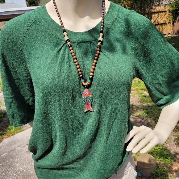 VTG Jillian Nicole 🌿 Stretchy Green Short Bell-Sleeve Sweater/Blouse 🌿 Medium - Picture 2 of 15